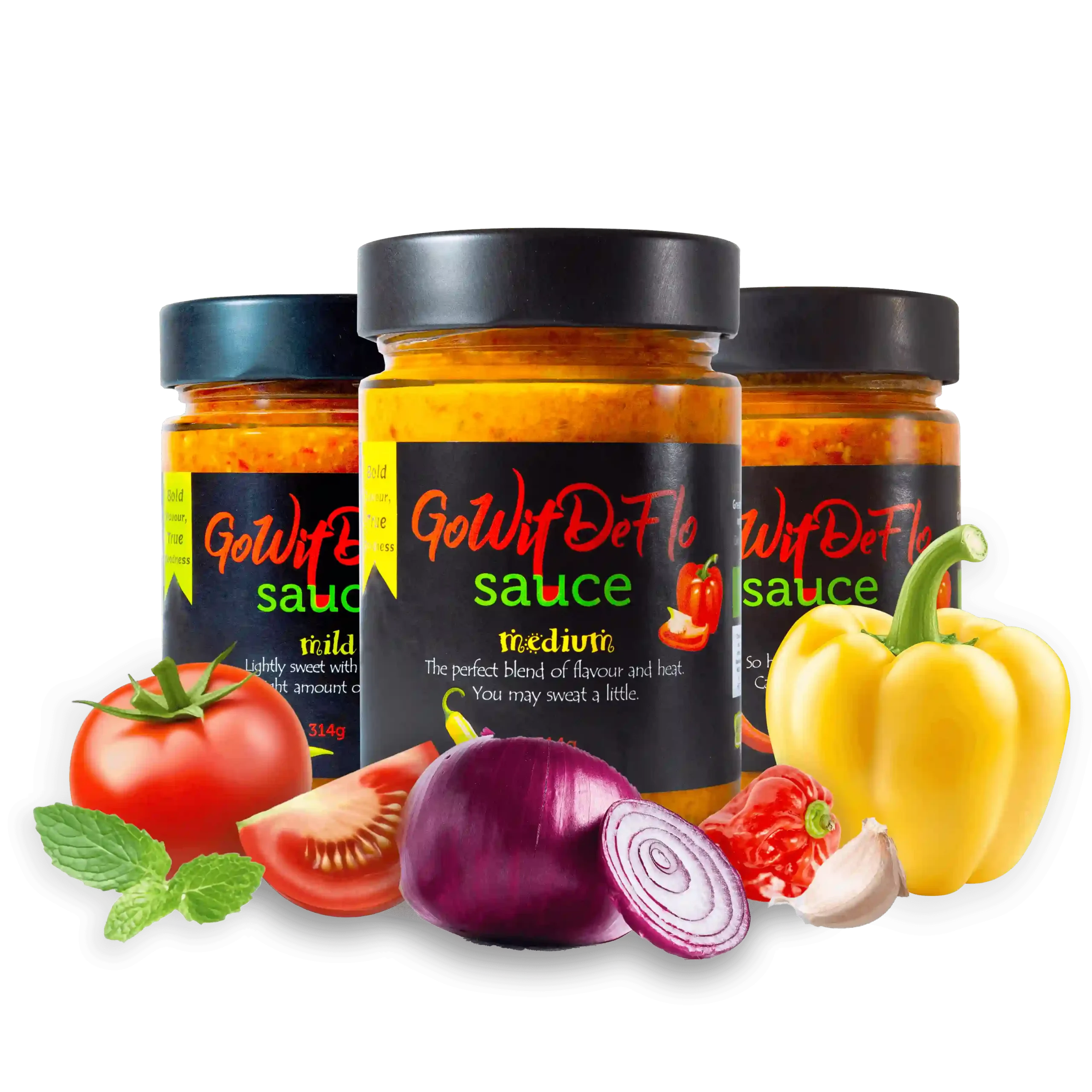 GoWitDeFlo brand banner with three sauces